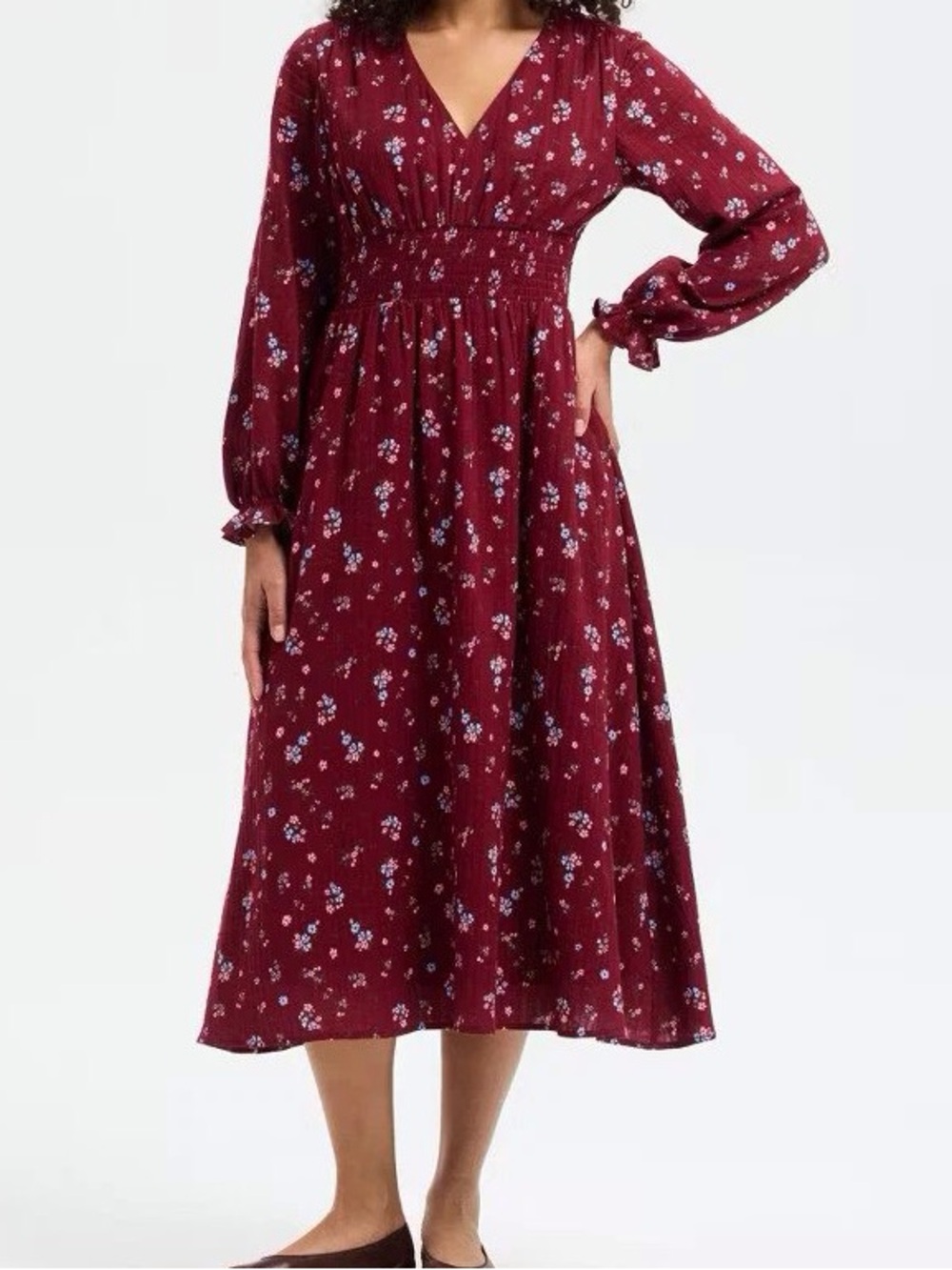 Long Sleeve V-Neck Burgundy Floral Midi Dress